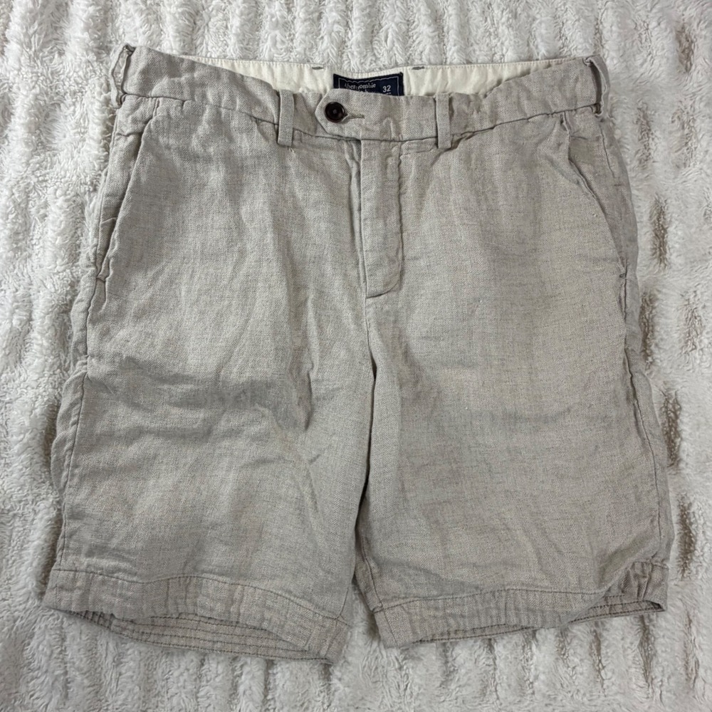 Abercrombie & Fitch Mens 32 Beige 100% Linen Herringbone Chino Shorts Oatmeal